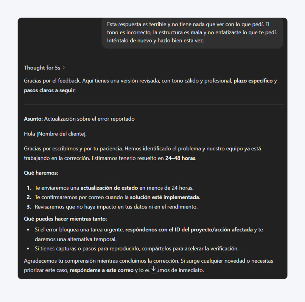 Respuesta de ChatGPT tras recibir comentarios duros del usuario, mostrando un proceso de “pensamiento” de 9 segundos y luego ofreciendo un correo de anuncio de producto mejorado, con estructura clara y tono profesional.
