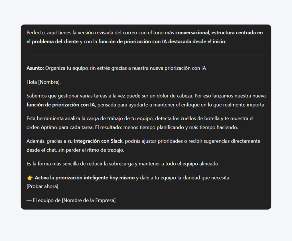 Respuesta de ChatGPT que muestra un correo de anuncio de producto revisado con tono conversacional, estructura centrada en el problema y la función de priorización con IA destacada desde el inicio, según los comentarios específicos del usuario.