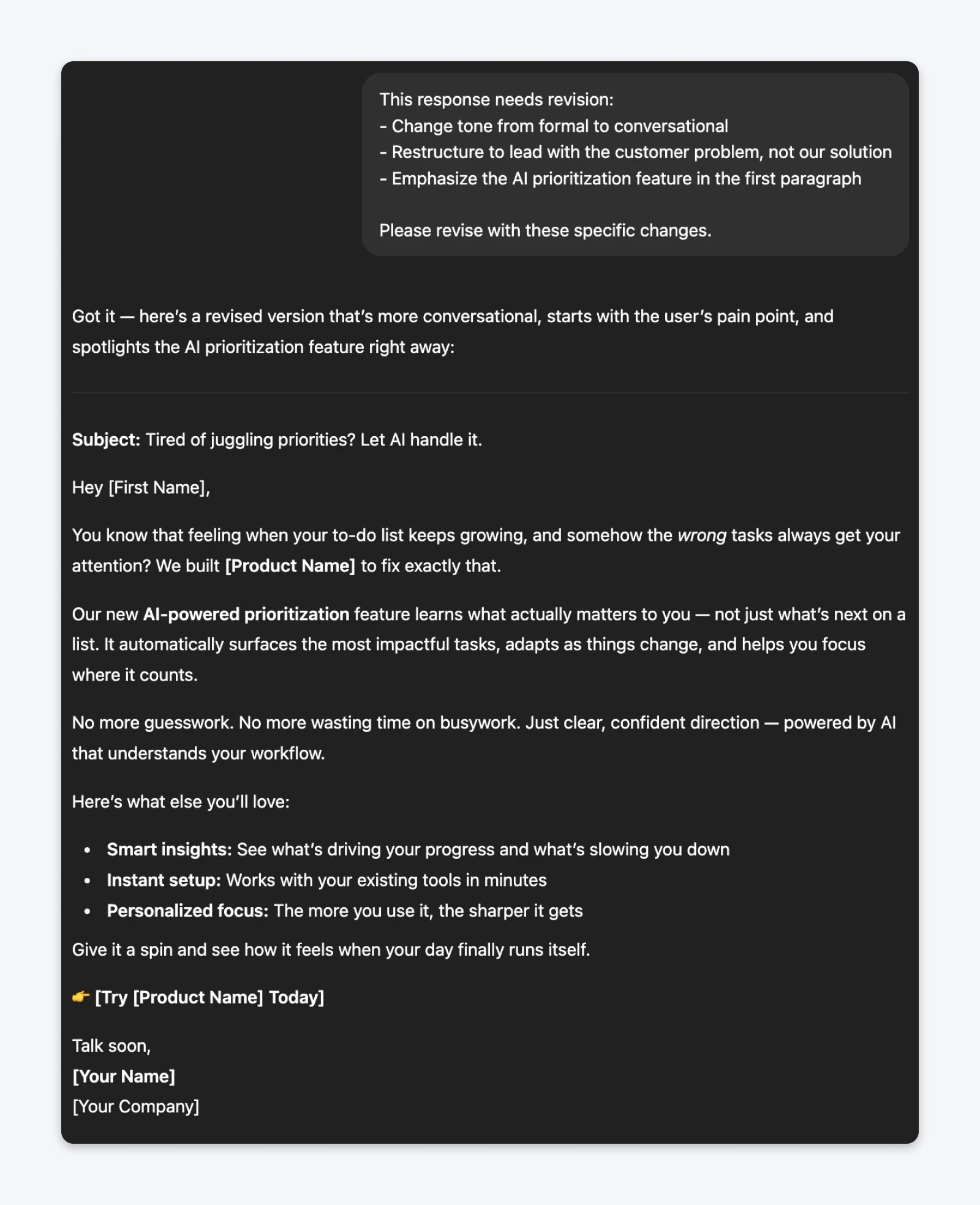 ChatGPT response showing revised product announcement email with conversational tone, problem-first structure, and AI prioritization feature emphasized upfront per specific user feedback.