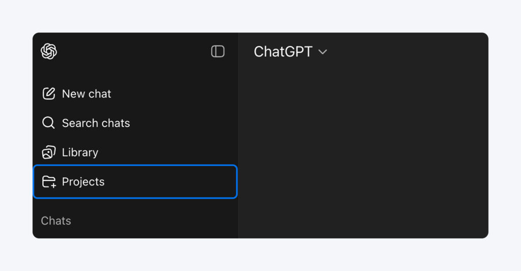 Captura de pantalla de la barra lateral de ChatGPT que muestra las opciones Nuevo chat, Buscar chats, Biblioteca y Proyectos, con Proyectos resaltado.