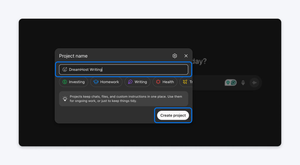Captura de pantalla que muestra la ventana “Crear proyecto” de ChatGPT, con el campo de nombre del proyecto completado como “DreamHost Writing” y el botón “Crear proyecto” resaltado.