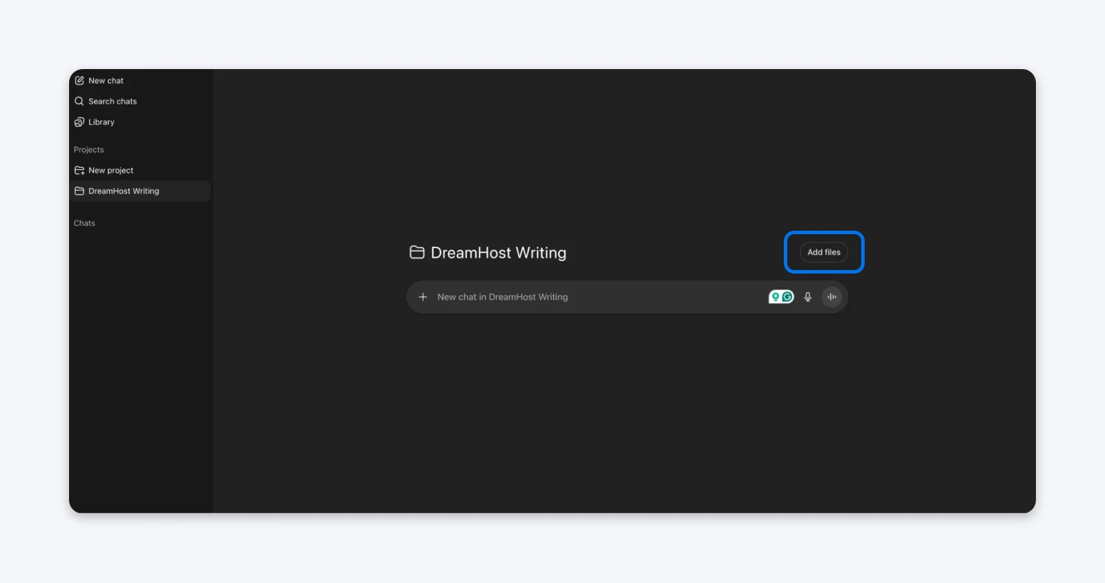 Screenshot of the ChatGPT Projects interface showing a project titled “DreamHost Writing,” with the “Add files” button highlighted on the right side.