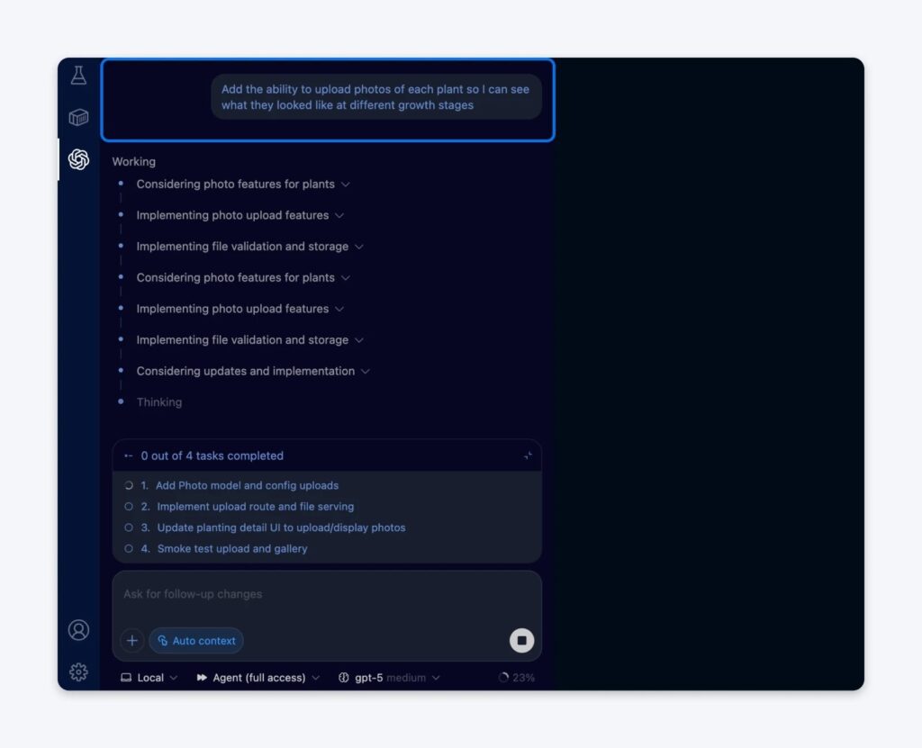 Interfaz de Cursor AI que muestra el progreso en la implementación de la función de carga de fotos para las plantas, con el desglose de tareas y el estado de finalización.