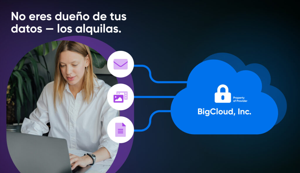 Mujer trabajando en una laptop con sus correos, fotos y documentos fluyendo hacia un servidor en la nube bloqueado de BigCloud, Inc., etiquetado como “Propiedad del Proveedor”.
