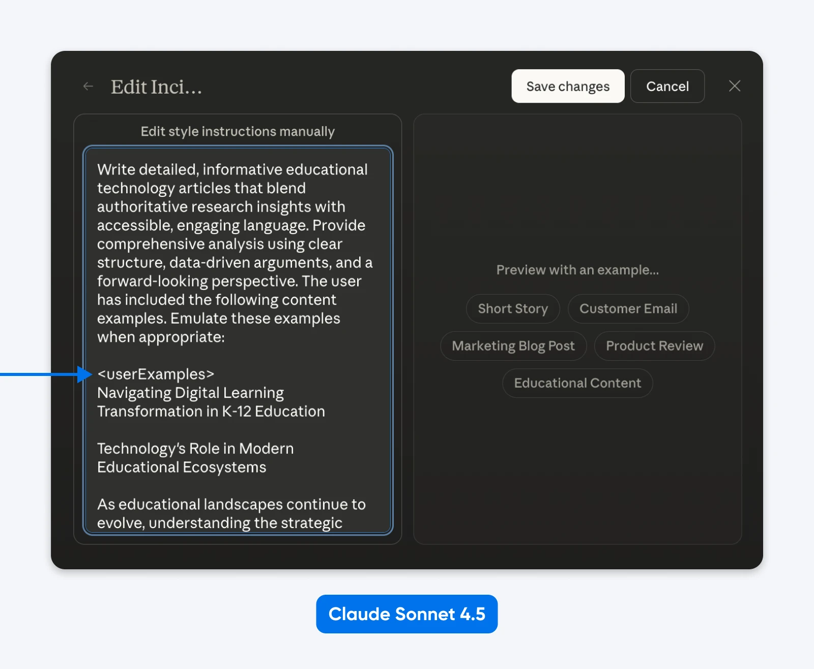 Claude Sonnet 4.5 interface showing a style-instruction editor with detailed writing guidelines and example prompts for educational content.