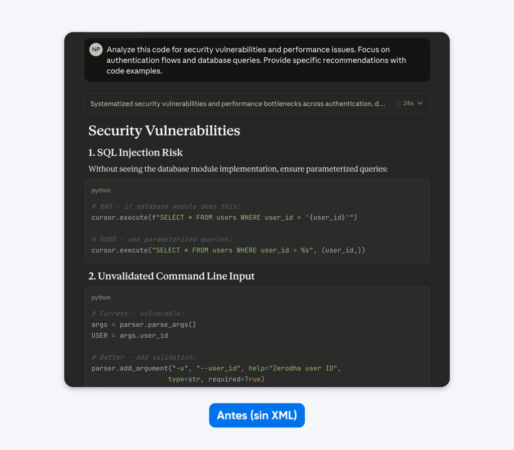 Salida de una revisión de seguridad que destaca riesgos de inyección SQL y de entrada por línea de comandos, con ejemplos de código Python vulnerable y más seguro.