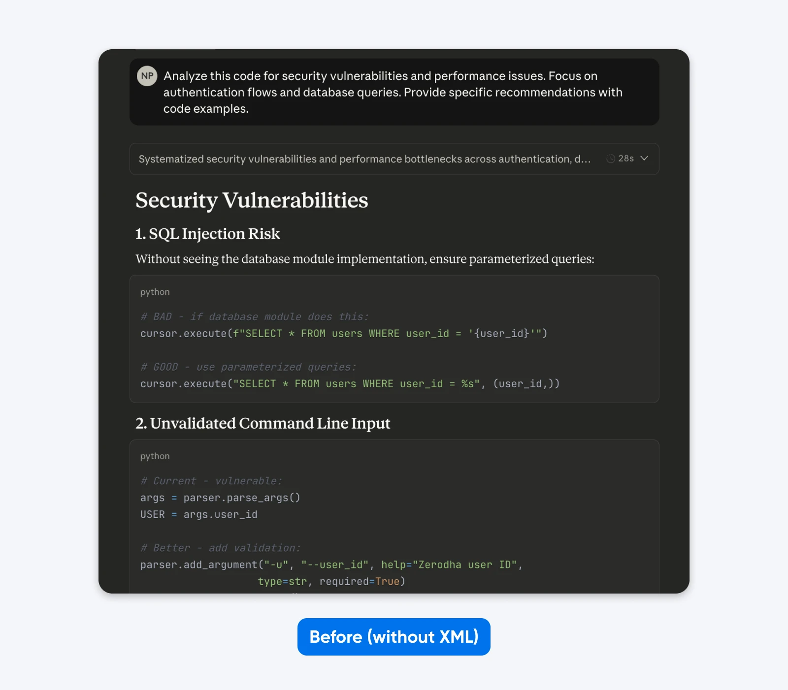 Security review output highlighting SQL injection and command-line input risks with examples of vulnerable and safer Python code.