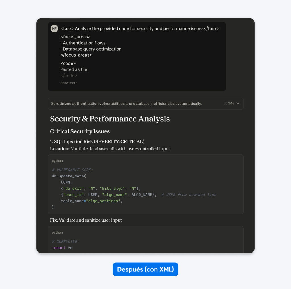 Salida de análisis de código que utiliza instrucciones envueltas en XML, destacando riesgos críticos de inyección SQL y mostrando ejemplos de Python vulnerable y corregido.
