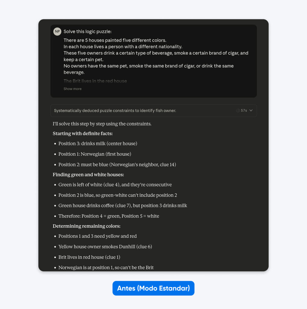 Captura de pantalla de la solución de un rompecabezas lógico en modo estándar, que enumera deducciones paso a paso sobre el orden de las casas, colores, bebidas, cigarros y nacionalidades.