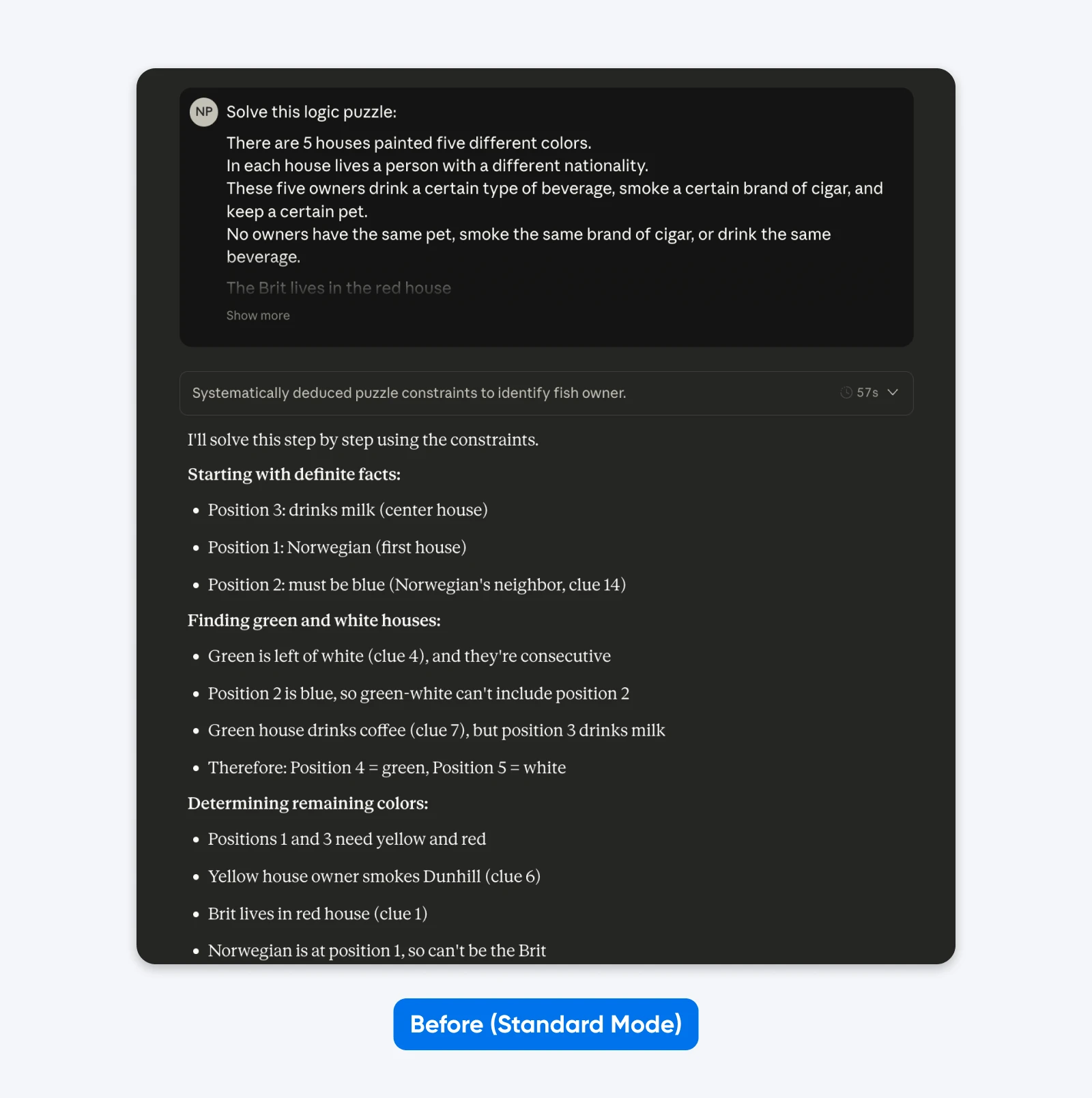 Screenshot of a logic-puzzle solution in standard mode, listing step-by-step deductions about house order, colors, drinks, cigars, and nationalities.