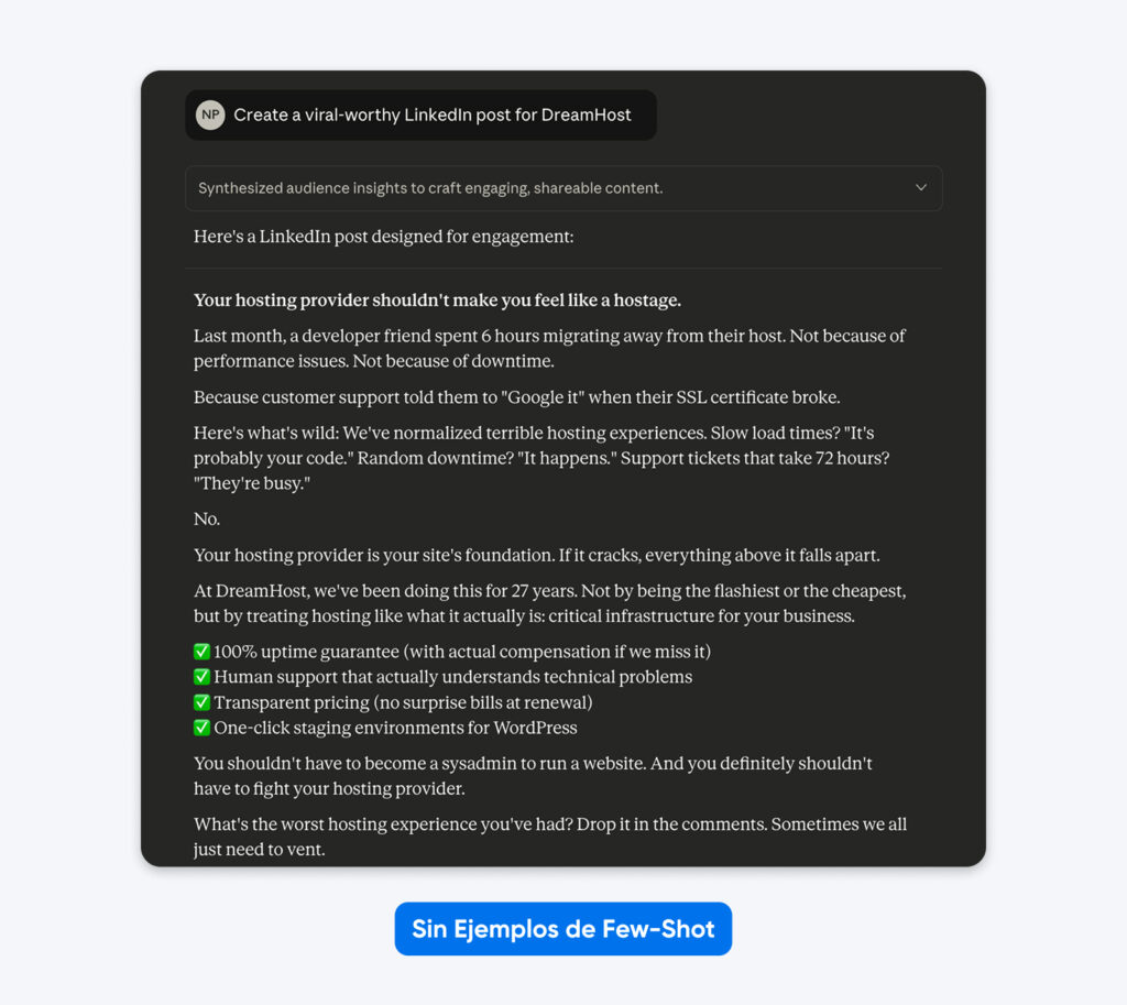 Captura de pantalla de un borrador de publicación en LinkedIn que critica a proveedores de hosting, con un subrayado rojo que resalta el error ortográfico “sysadmin” y una etiqueta que señala la falta de ejemplos few-shot.
