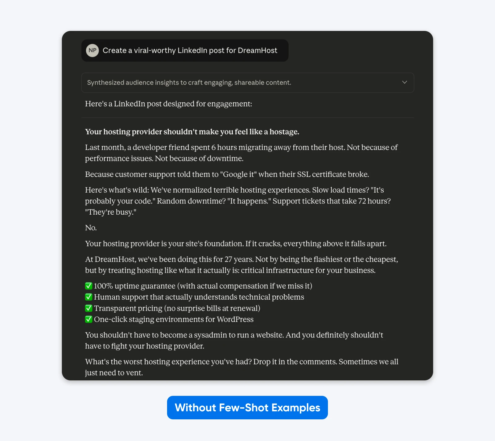 Screenshot of a LinkedIn post draft critiquing hosting providers, with red underline highlighting spelling error "sysadmin" and label pointing out missing few-shot examples.