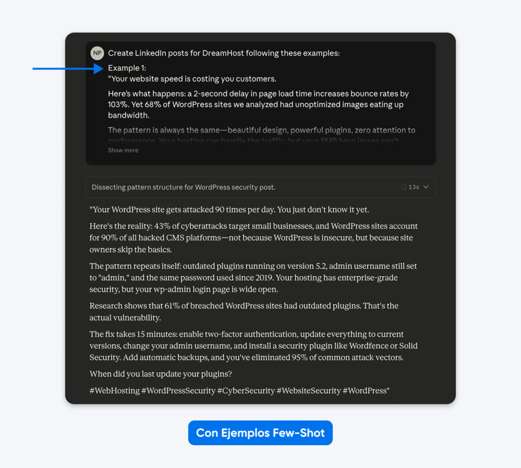 Captura de pantalla de la creación de una publicación en LinkedIn que muestra un ejemplo sobre la velocidad del sitio web y la seguridad en WordPress, con una flecha que resalta el Ejemplo 1 y una etiqueta que indica la inclusión de ejemplos few-shot.