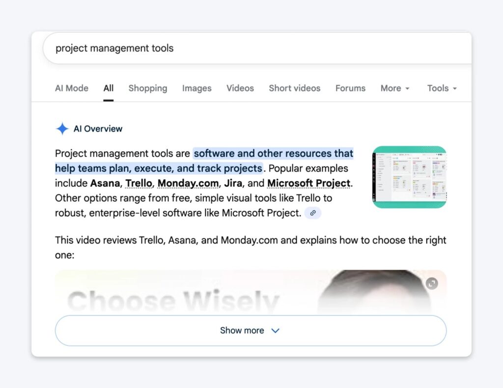 Google search result for project management tools showing AI Overview with definition and comparison of Asana, Trello, Monday.com, Jira, and Microsoft Project.