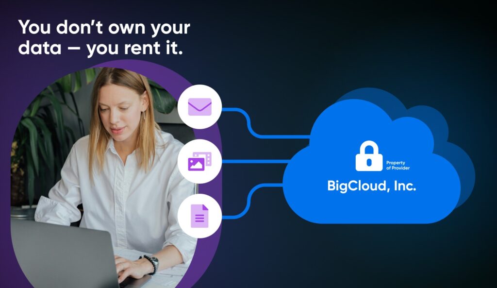 Woman working at a laptop with her emails, photos, and documents flowing into a locked BigCloud, Inc. server cloud labeled “Property of Provider.”