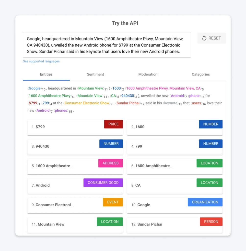 Demo interface showing an entity-extraction API highlighting terms like Google, Mountain View, prices, locations, and people in a sample text.