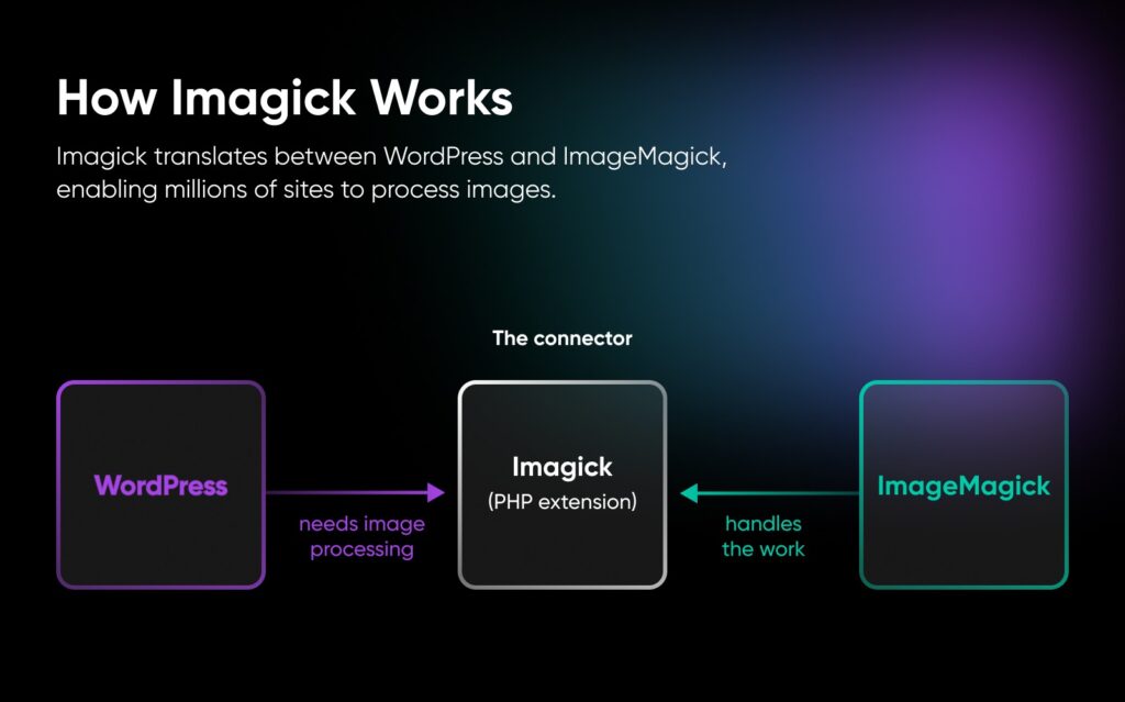 Diagrama de flujo que muestra cómo WordPress envía solicitudes de procesamiento de imágenes a la extensión PHP Imagick, la cual se conecta con ImageMagick para encargarse del trabajo.