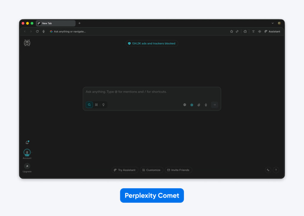 Captura de pantalla de la nueva pestaña de un navegador centrado en la privacidad que muestra un cuadro de búsqueda central y una insignia que indica que se han bloqueado anuncios y rastreadores.