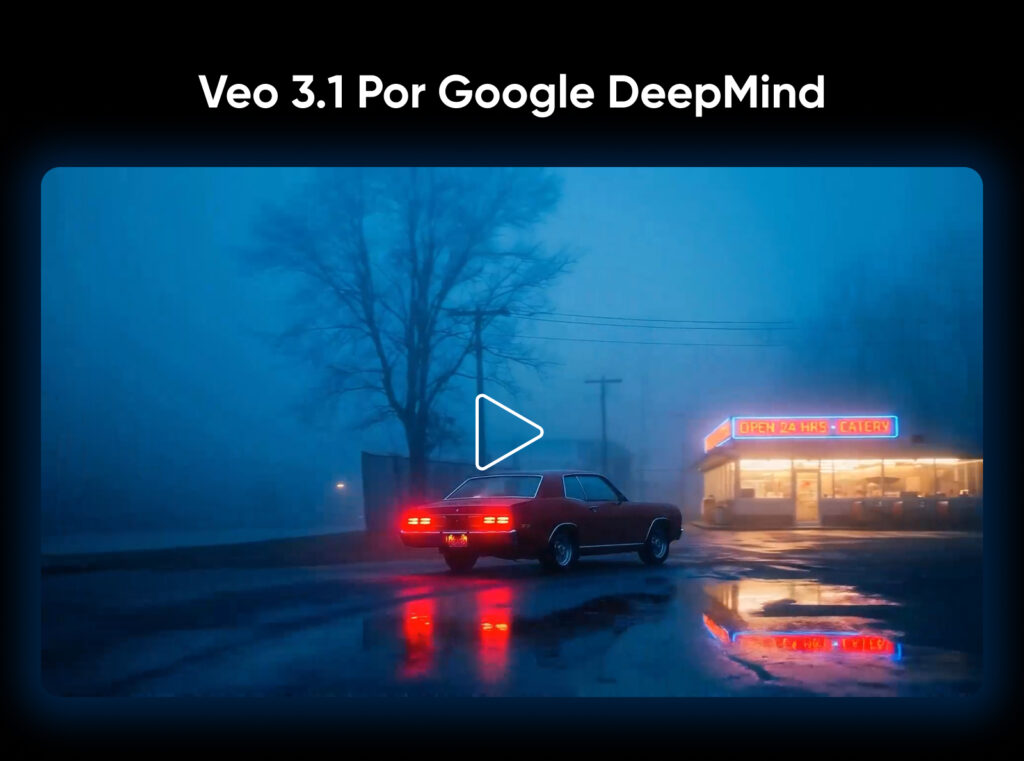 Vista previa de video que muestra un restaurante de carretera con niebla por la noche y un automóvil estacionado, ilustrando la generación de video cinematográfico de Google DeepMind Veo 3.