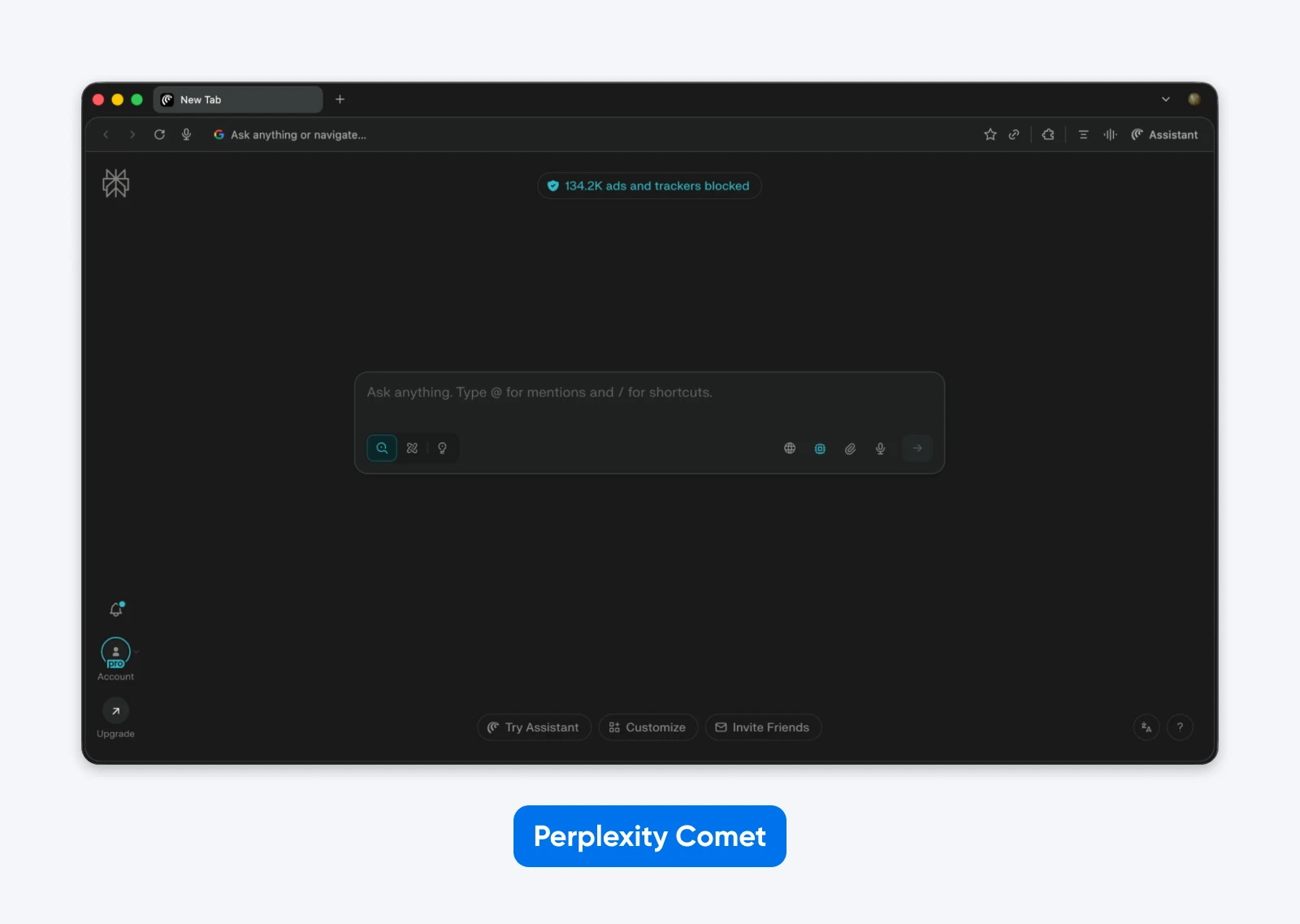 Screenshot of a privacy-focused browser new tab showing a central search box and a badge indicating ads and trackers blocked.