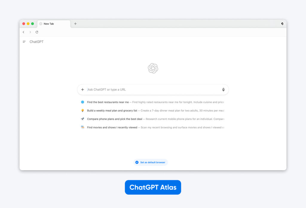 Captura de pantalla de la nueva pestaña del navegador ChatGPT Atlas con una barra de búsqueda central, sugerencias de prompts y una opción para configurarlo como navegador predeterminado.