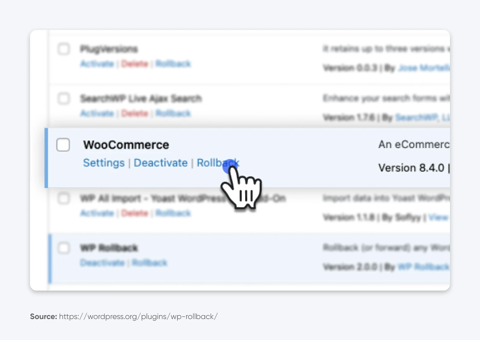 Screenshot of the WordPress Plugins page showing WooCommerce selected, with a cursor hovering over the Rollback option.