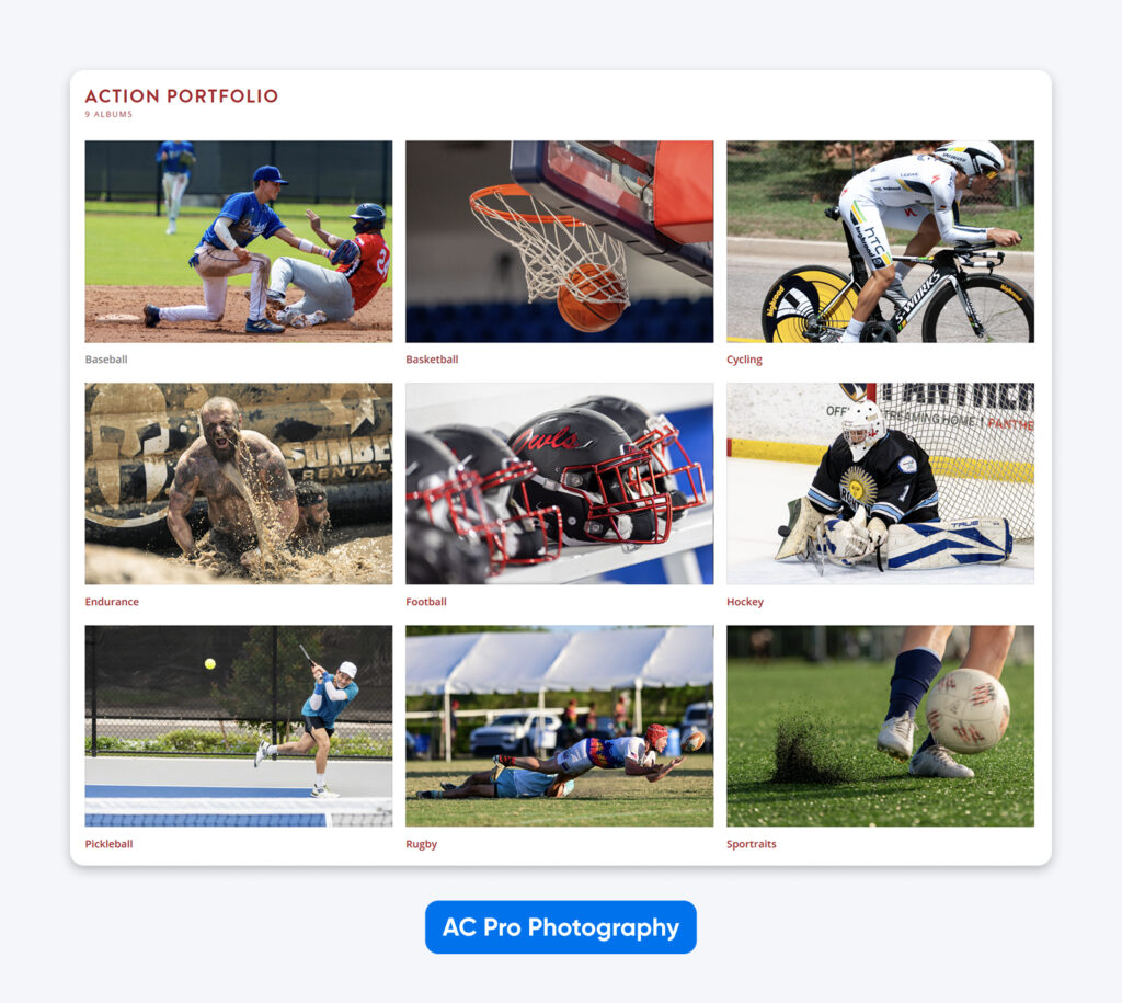 Cuadrícula de categorías de fotografía de deportes de acción: béisbol, baloncesto, ciclismo, resistencia, fútbol americano, hockey, pickleball, rugby y retratos deportivos.