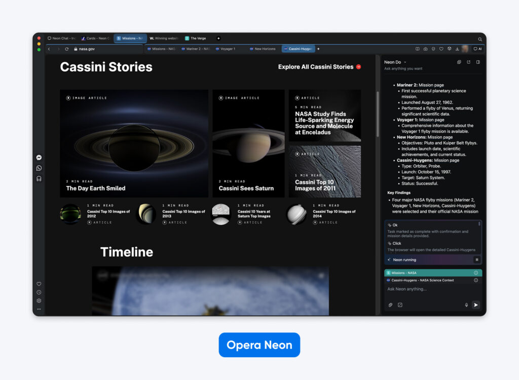Captura de pantalla de Opera Neon que muestra NASA Cassini Stories con artículos en formato de imagen, una sección de línea de tiempo y una barra lateral de IA que resume las misiones.