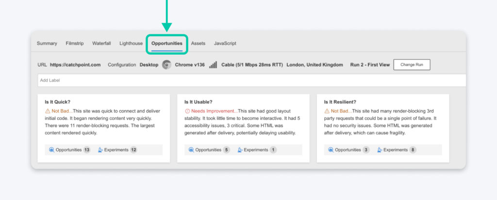 Pestaña de ‘Oportunidades’ de una herramienta de rendimiento web que muestra resúmenes de velocidad, usabilidad y resiliencia, con problemas marcados y sugerencias