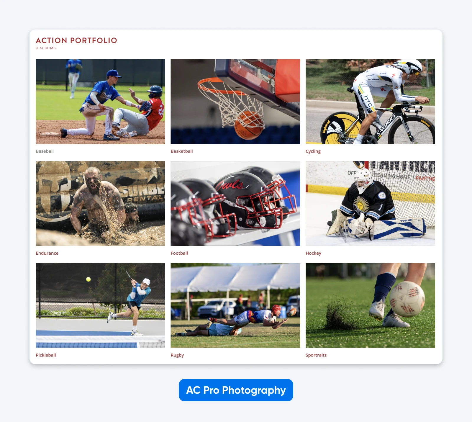 Grid of action sports photography categories—baseball, basketball, cycling, endurance, football, hockey, pickleball, rugby, and sports portraits.