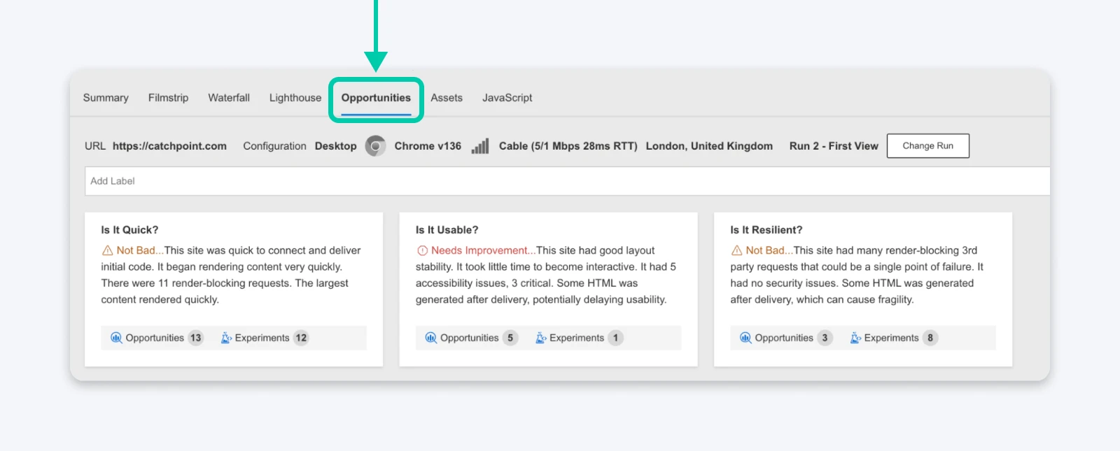 “Opportunities” tab of a web performance tool showing summaries for speed, usability, and resilience with flagged issues and suggestions.