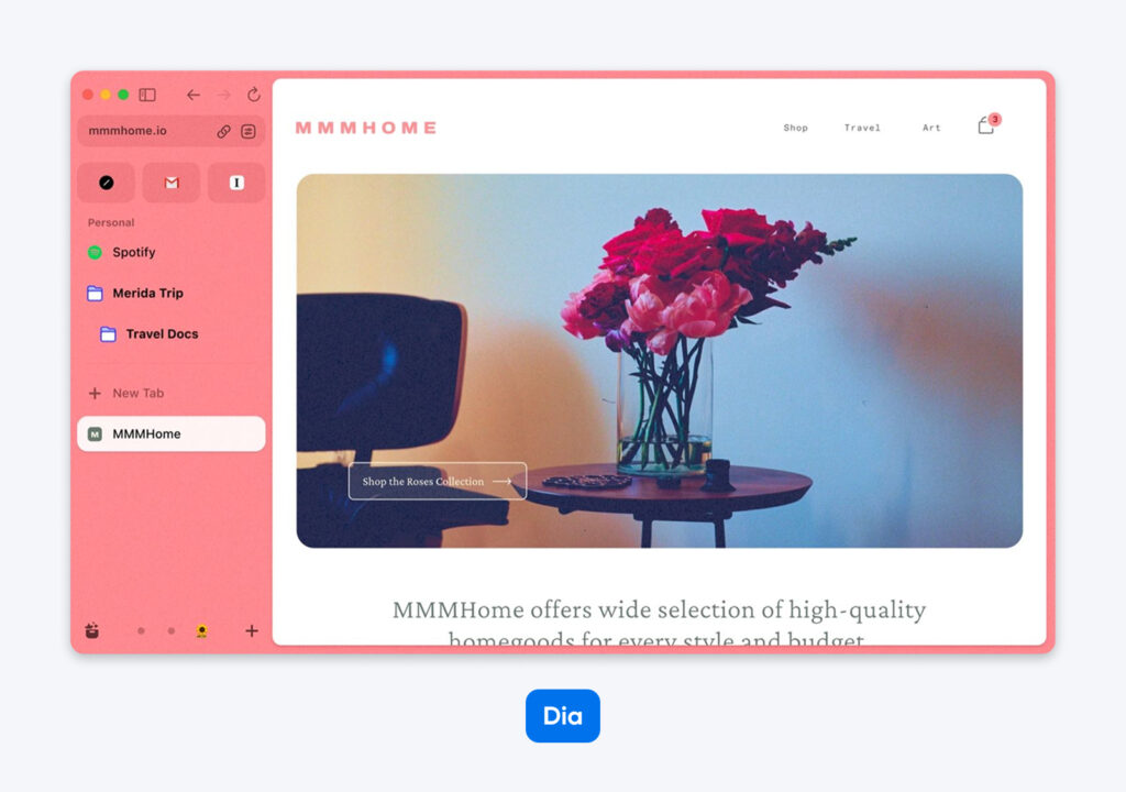 Captura de pantalla del navegador Dia que muestra el sitio MMMHome con una imagen principal floral, pestañas laterales rosas y una barra de navegación de compras.