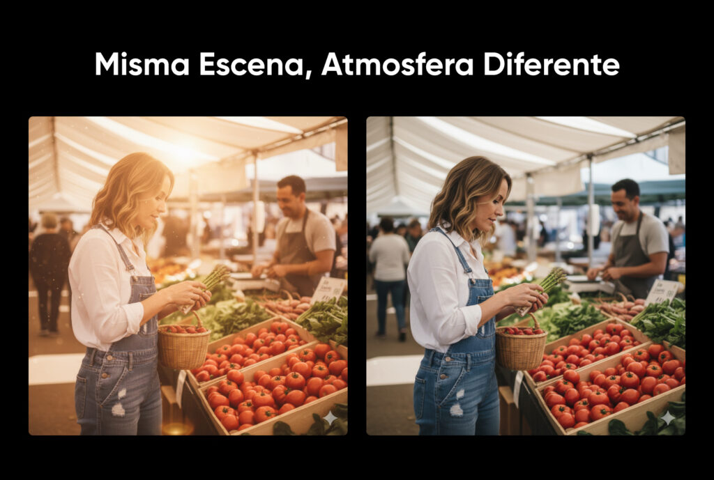 Imágenes lado a lado muestran la misma escena de mercado con iluminación cinematográfica cálida frente a iluminación neutra para ilustrar cambios de ambiente.