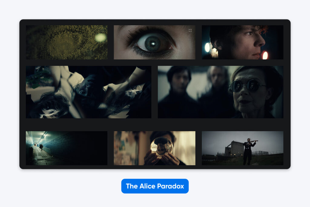 Cuadrícula de imágenes fijas oscuras y cinematográficas de The Alice Paradox, que muestran primeros planos de rostros, escenas evocadoras y momentos visuales surrealistas.