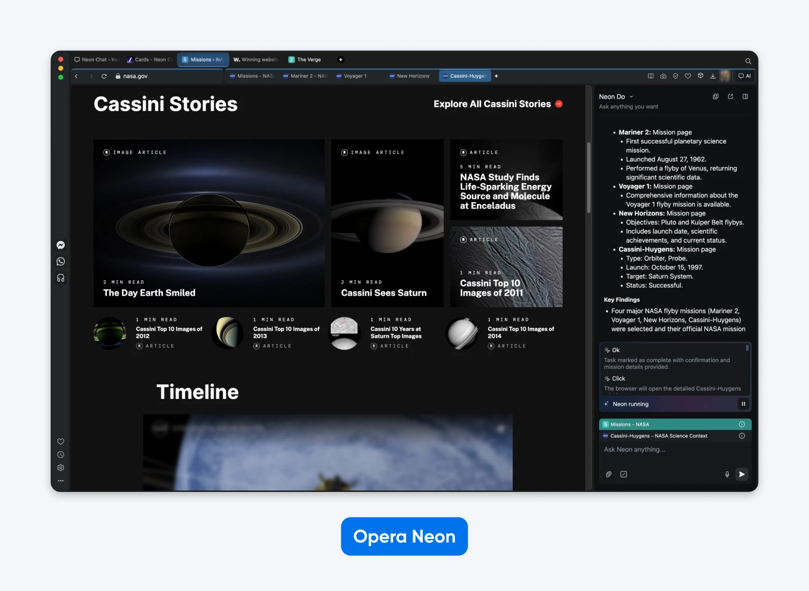 Screenshot of Opera Neon showing NASA Cassini Stories with image articles, timeline section, and an AI sidebar summarizing missions.