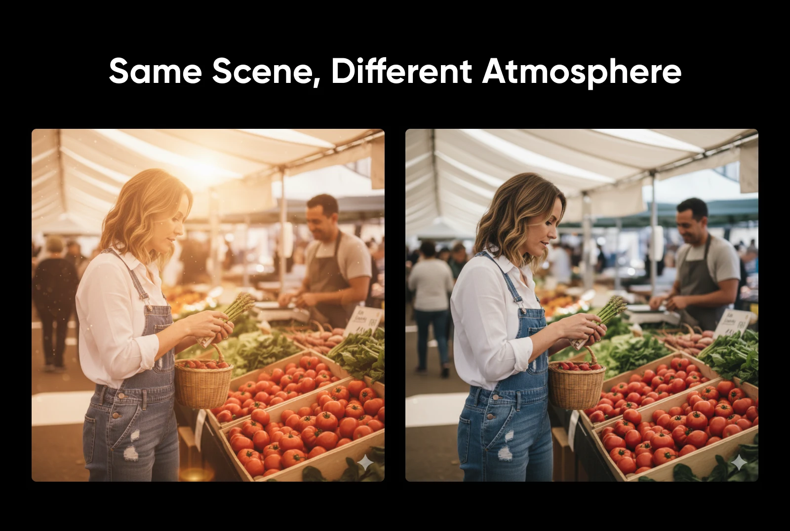 Side by side images show the same market scene with warm cinematic lighting versus neutral lighting to illustrate mood changes.