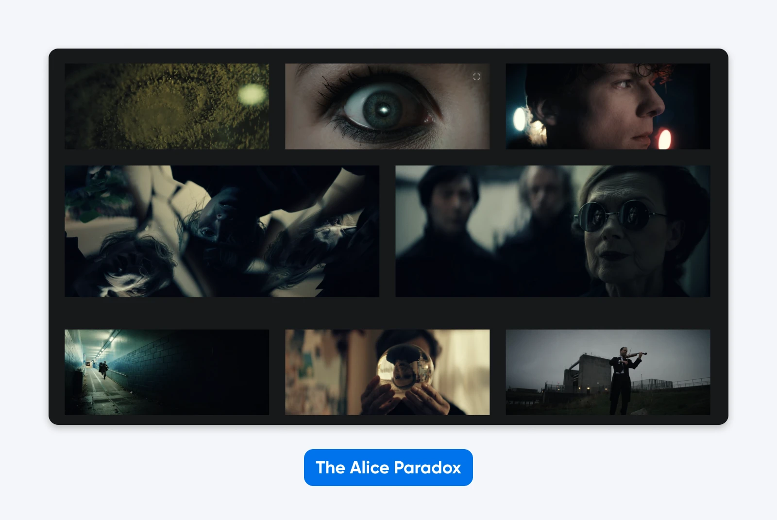 Grid of dark, cinematic stills from The Alice Paradox, showing close-up faces, moody scenes, and surreal visual moments.