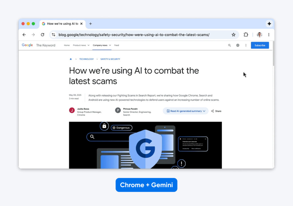 Captura de pantalla de Chrome que muestra una publicación del blog de Google sobre IA y estafas, con el panel del asistente Gemini abierto para ayuda y exploración de la página.
