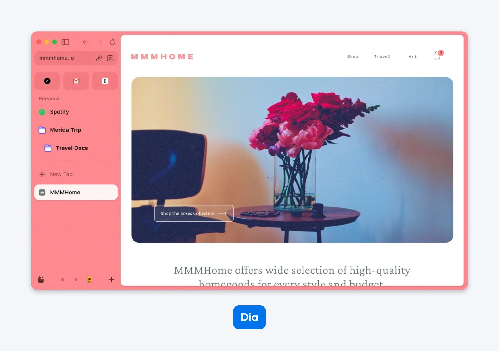 Screenshot of Dia browser showing MMMHome site with a floral hero image, pink sidebar tabs, and a shopping navigation bar.