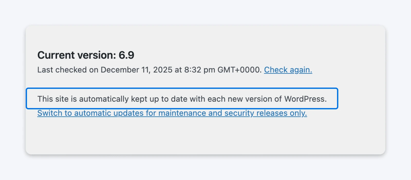 Screenshot of the WordPress Updates screen showing the site set to automatically install all new WordPress versions, with an option to switch to security-only updates.