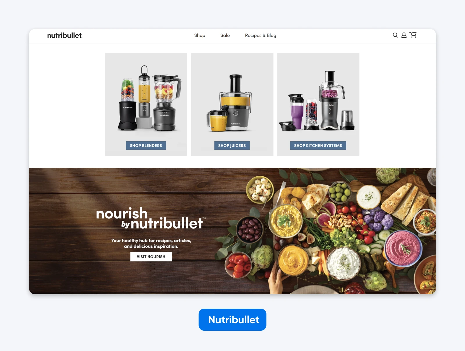 Nutribullet homepage showing product categories for blenders, juicers, and kitchen systems, with a featured food and recipe banner below.