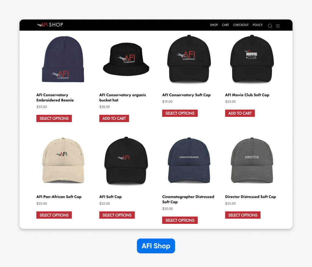 Cuadrícula de productos de la tienda AFI que muestra gorras de marca —incluidos gorros, bucket hats y gorras suaves—, cada una con su nombre, precio y opciones de compra.