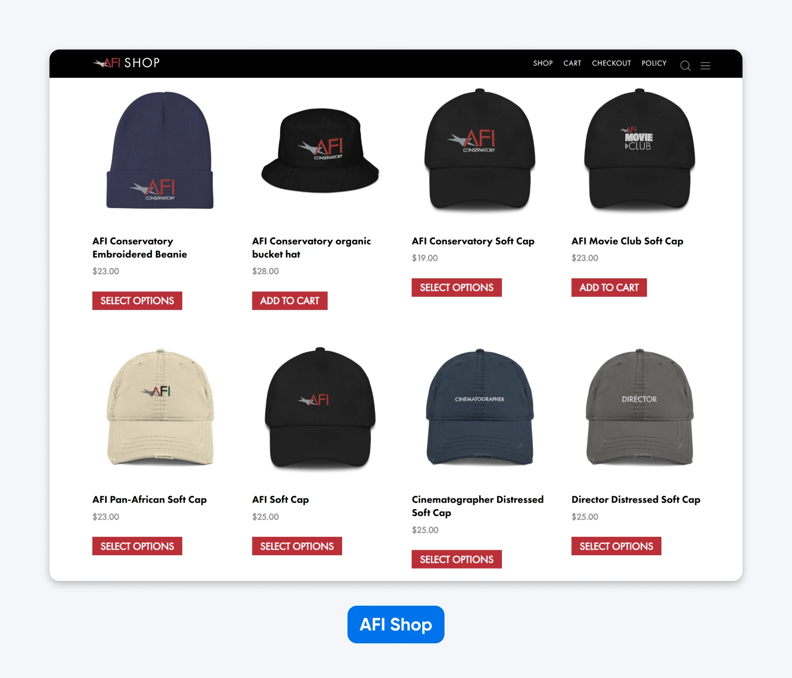 AFI Shop product grid displaying branded hats, including beanies, bucket hats, and soft caps, each shown with name, price, and purchase options.