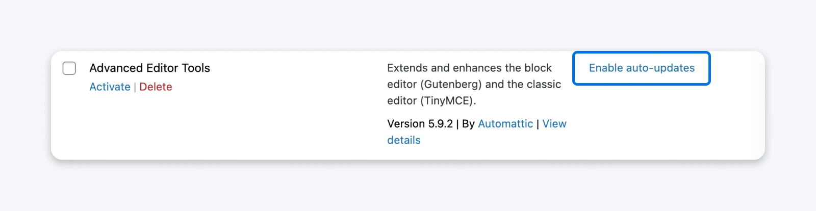 WordPress plugin list showing Advanced Editor Tools with an option to enable automatic updates for the plugin.
