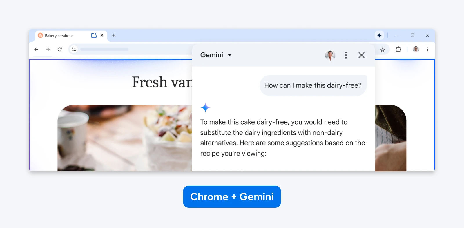 Screenshot of Chrome showing a Google blog post about AI and scams with the Gemini assistant panel open for page help and exploration.