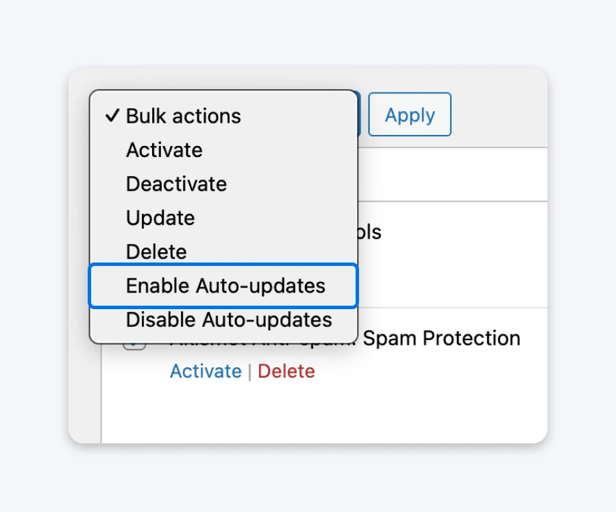 WordPress Plugins screen showing the Bulk actions dropdown with Enable Auto-updates selected, allowing automatic updates to be turned on for multiple plugins at once.