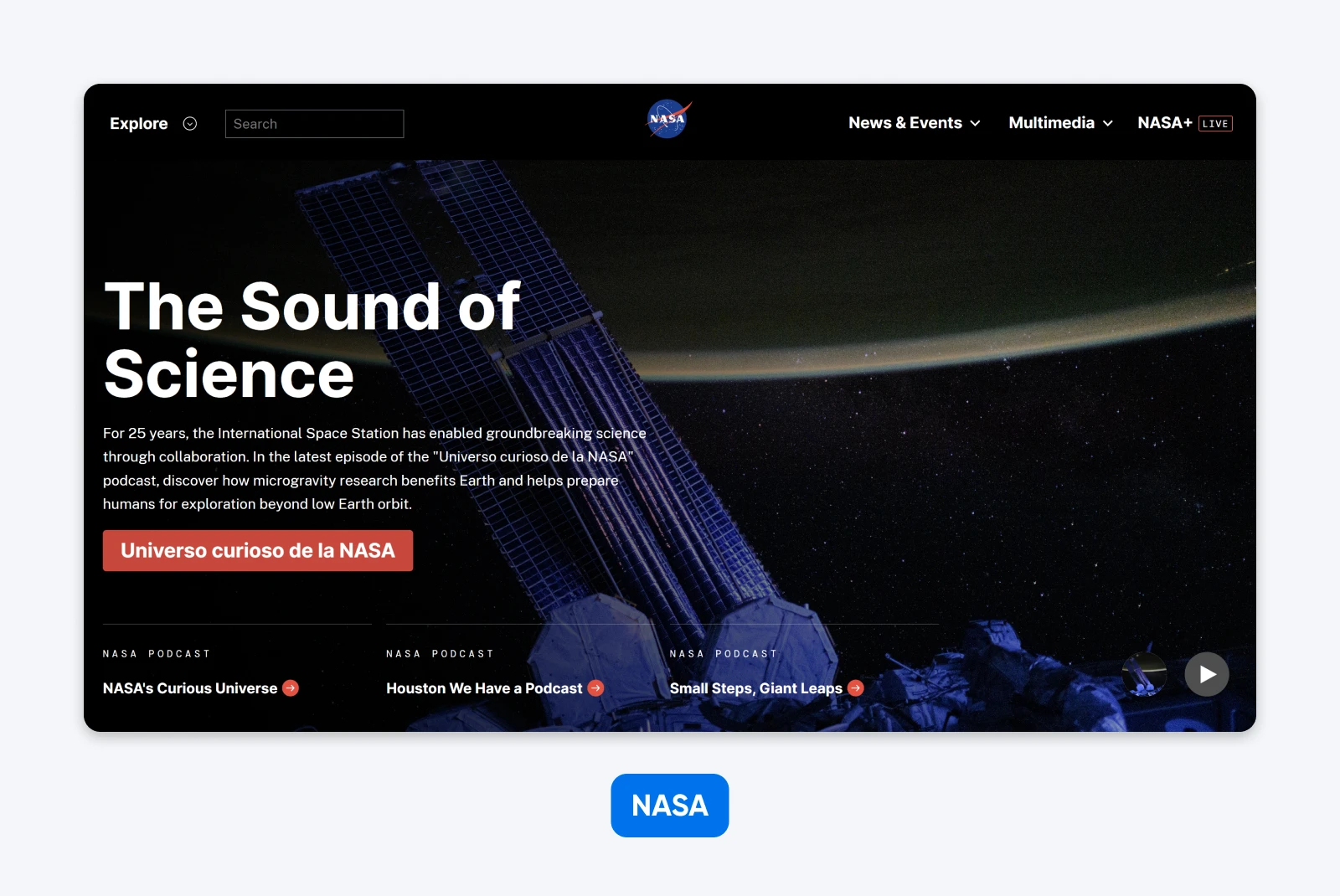 Hero section with large heading “The Sound of Science,” podcast description, red call-to-action button, and top navigation bar.