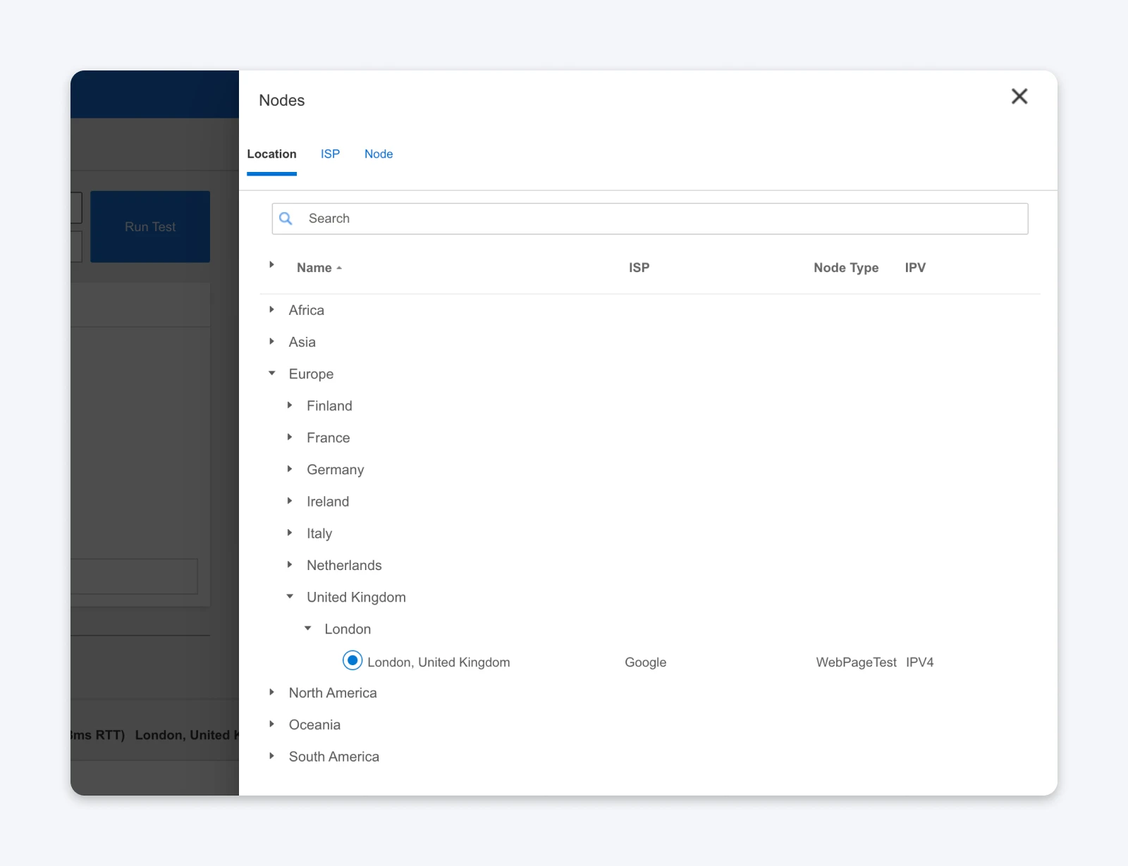 Node selection interface filtered by location, showing hierarchical list by continent and country with London, United Kingdom node selected.