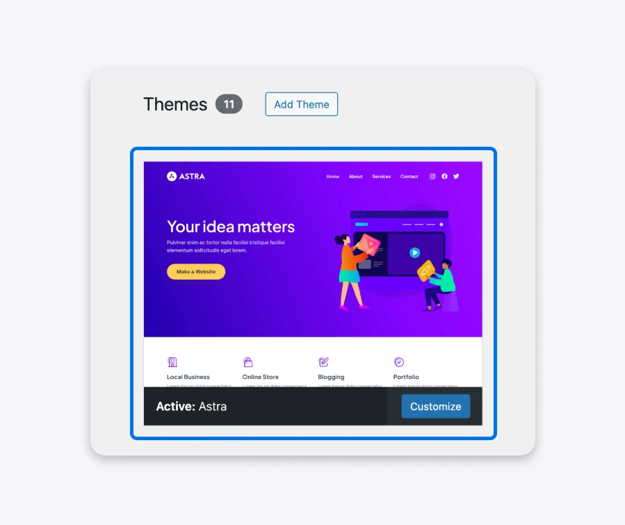 WordPress Themes screen showing the Astra theme selected as active, with a preview image and Customize button visible.