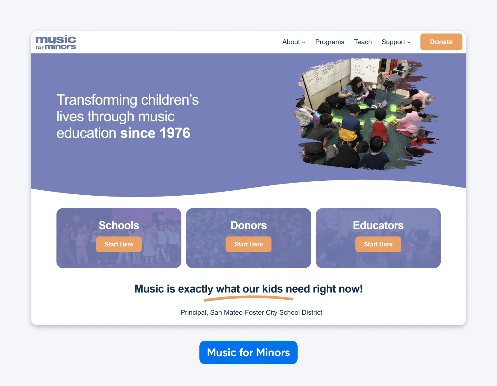 Homepage with tagline about music education, photo of children in a classroom, and three audience buttons: Schools, Donors, Educators.